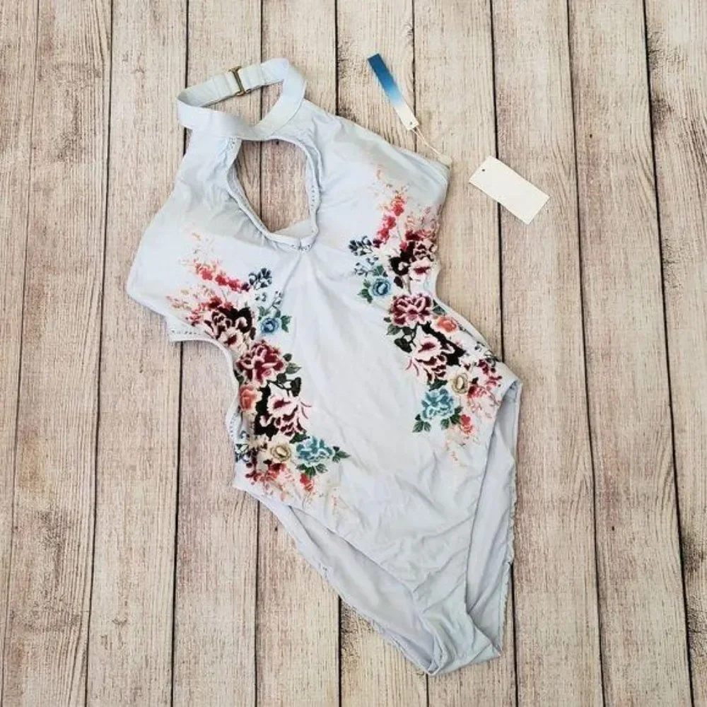 Lucky Brand Zen Garden Floral Print Plunging Cut Out One-Piece Swimsuit
